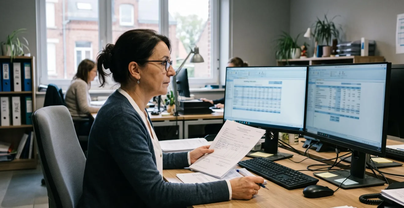 Une gestionnaire de paie compare des données de temps de travail sur deux écrans côte à côte depuis son poste de travail.