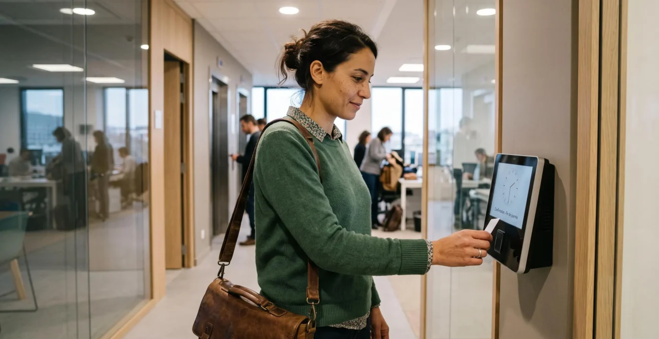 Un salarié pointe sur une borne de gestion des temps électronique fixée au mur dans un couloir de bureaux.