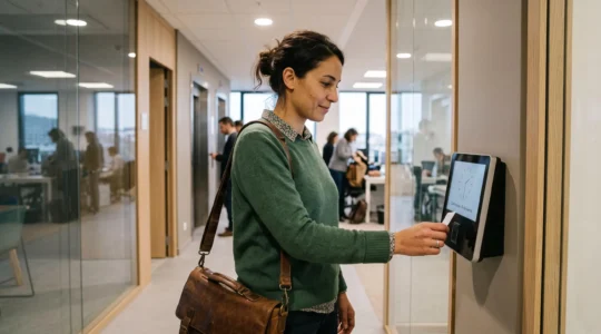 Un salarié pointe sur une borne de gestion des temps électronique fixée au mur dans un couloir de bureaux.