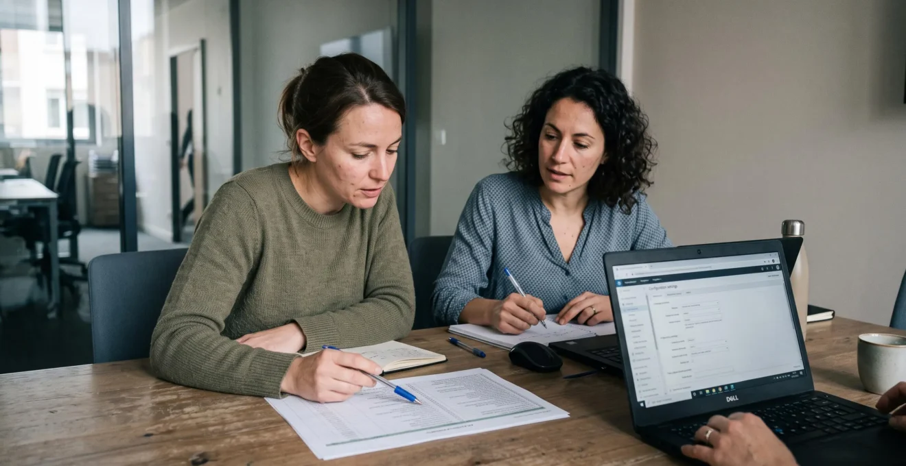 Une responsable RH et un consultant vérifient ensemble une liste de contrôle de paramétrage face à un ordinateur portable en salle de réunion.